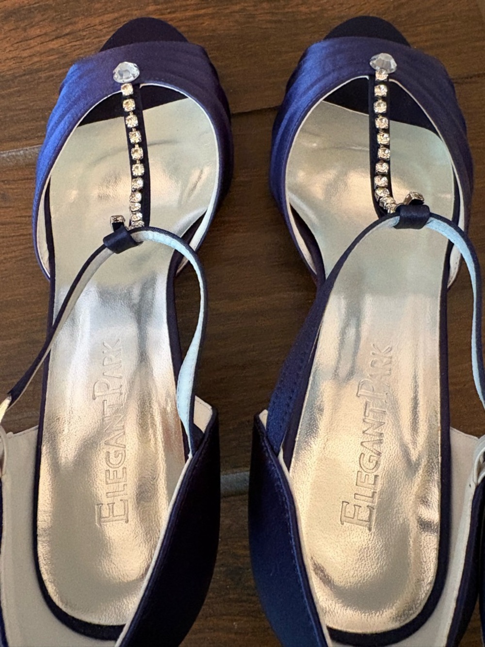 Elegant Navy Satin T-Strap Heels with Crystal Embellishment - Picture 7 of 7